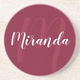 Modern Personalised Monogram and Name Burgundy Red Coaster