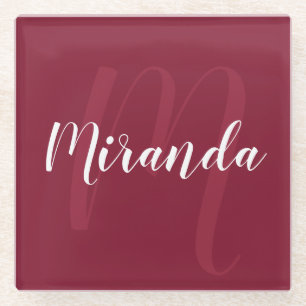 Modern Personalised Monogram and Name Burgundy Red Glass Coaster