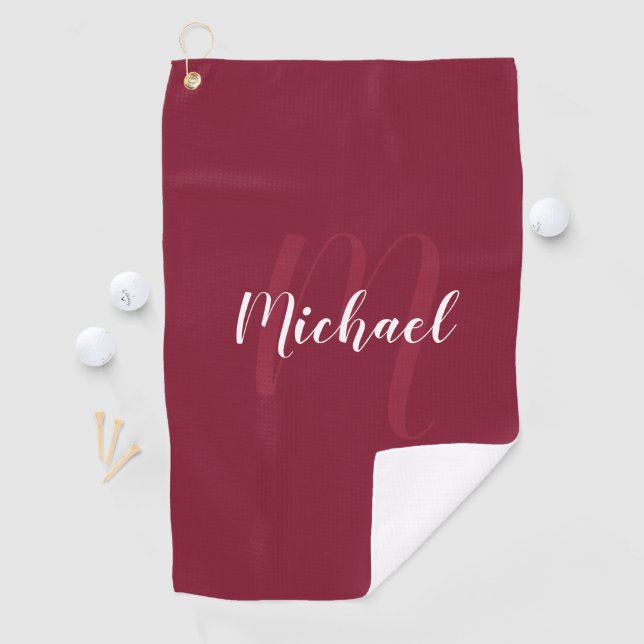 Modern Personalised Monogram and Name Burgundy Red Golf Towel (InSitu)