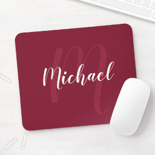 Modern Personalised Monogram and Name Burgundy Red Mouse Mat