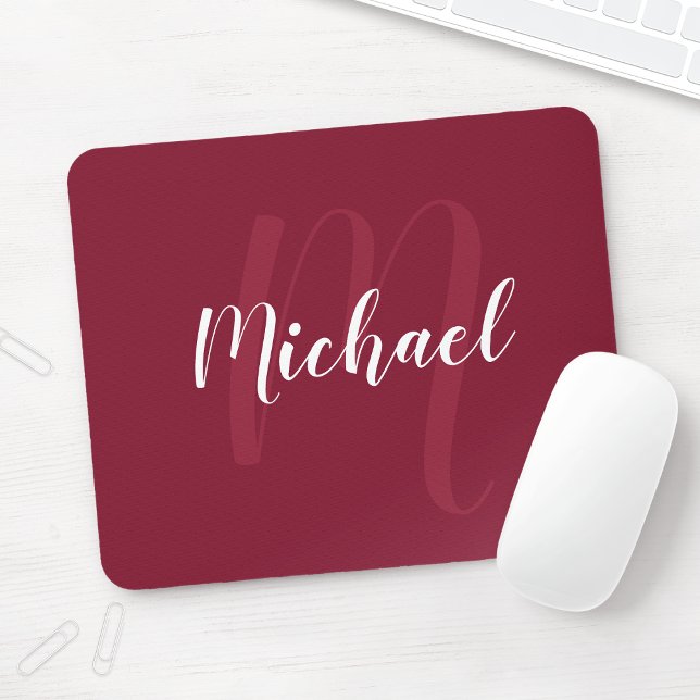 Modern Personalised Monogram and Name Burgundy Red Mouse Mat (Creator Uploaded)