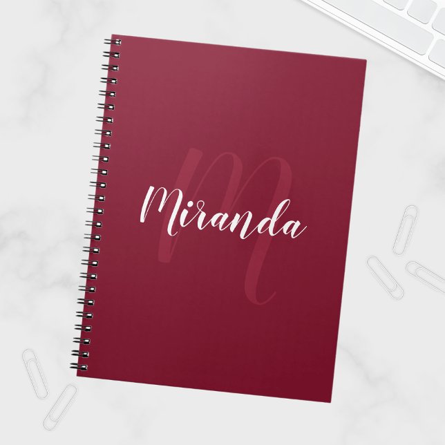 Modern Personalised Monogram and Name Burgundy Red Notebook (Creator Uploaded)