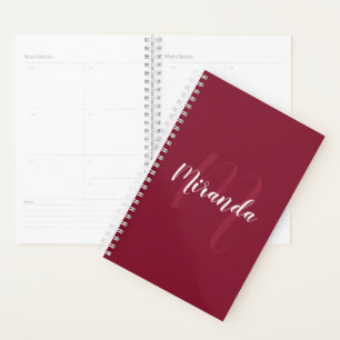 Modern Personalised Monogram and Name Burgundy Red Planner