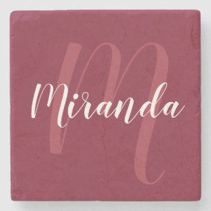 Modern Personalised Monogram and Name Burgundy Red Stone Coaster