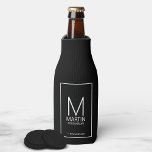 Modern Personalised Monogram and Name Groomsmen Bo Bottle Cooler<br><div class="desc">Add a personal touch to your wedding with personalised groomsmen bottle cooler.
This bottle cooler features personalised groomsman's monogram and name with title and wedding date in white modern sans serif font style on black background.

Also perfect for best man,  father of the bride and more.</div>