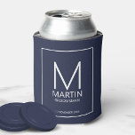 Modern Personalised Monogram and Name Groomsmen Can Cooler<br><div class="desc">Add a personal touch to your wedding with personalised groomsmen can cooler.
This can cooler features personalised groomsman's monogram and name with title and wedding date in white modern sans serif font style on navy blue background.

Also perfect for best man,  father of the bride and more.</div>