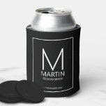 Modern Personalised Monogram and Name Groomsmen Can Cooler<br><div class="desc">Add a personal touch to your wedding with personalised groomsmen can cooler.
This can cooler features personalised groomsman's monogram and name with title and wedding date in white modern sans serif font style on black background.

Also perfect for best man,  father of the bride and more.</div>