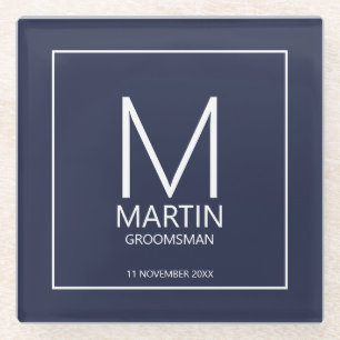 Modern Personalised Monogram and Name Groomsmen Glass Coaster