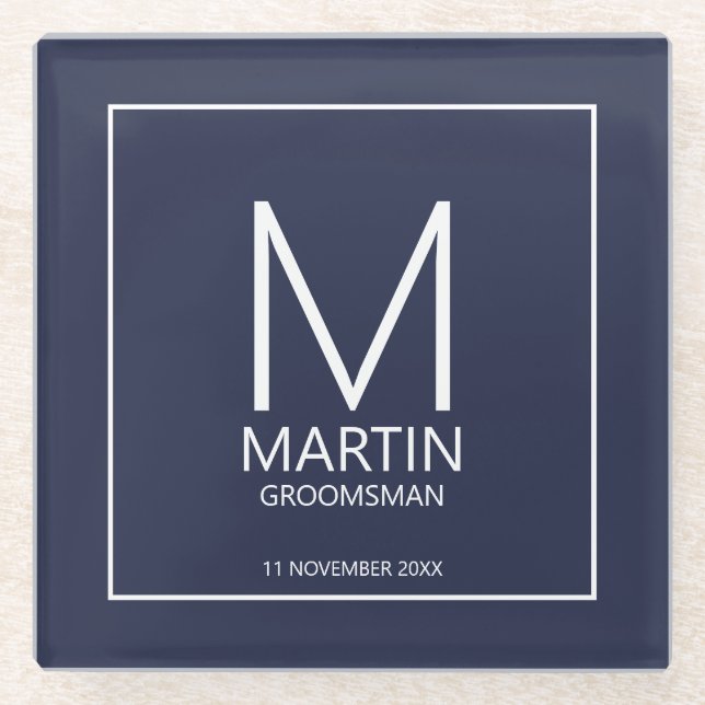 Modern Personalised Monogram and Name Groomsmen Glass Coaster (Front)