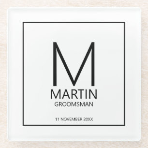 Modern Personalised Monogram and Name Groomsmen Glass Coaster