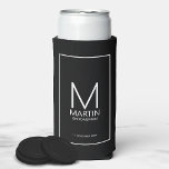 Modern Personalised Monogram and Name Groomsmen Se Seltzer Can Cooler<br><div class="desc">Add a personal touch to your wedding with personalised groomsmen can cooler.
This can cooler features personalised groomsman's monogram and name with title and wedding date in white modern sans serif font style on black background.

Also perfect for best man,  father of the bride and more.</div>