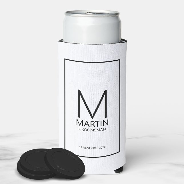 Modern Personalised Monogram and Name Groomsmen Seltzer Can Cooler (Creator Uploaded)
