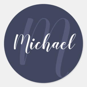 Modern Personalised Monogram and Name Navy Blue Classic Round Sticker