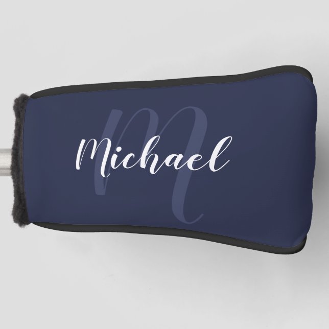 Modern Personalised Monogram and Name Navy Blue Golf Head Cover (Front)