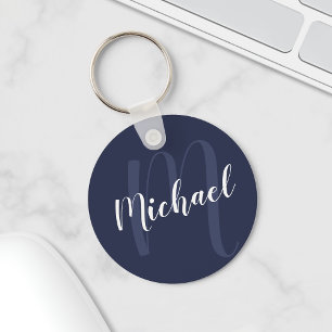 Modern Personalised Monogram and Name Navy Blue Key Ring