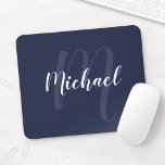 Modern Personalised Monogram and Name Navy Blue Mouse Mat<br><div class="desc">Personalised Monogram and Name Gift
featuring personalised name in white modern script font style and monogram in light navy blue modern script font style as background
on navy blue background.</div>