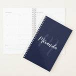 Modern Personalised Monogram and Name Navy Blue Planner<br><div class="desc">Personalised Monogram and Name Gift
featuring personalised name in white modern script font style and monogram in light navy blue modern script font style as background
on navy blue background.

Perfect as new year's gift and gift for any special occasions.</div>