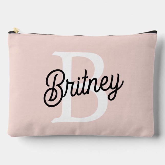 Modern Personalised Monogram and Name Pastel Pink Accessory Pouch (Front)