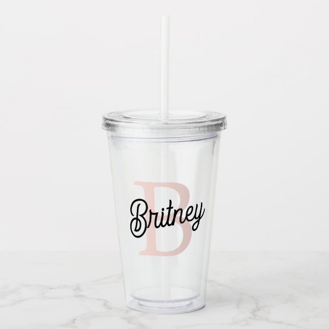 Modern Personalised Monogram and Name Pastel Pink Acrylic Tumbler (Front)
