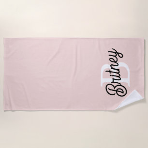 Modern Personalised Monogram and Name Pastel Pink Beach Towel