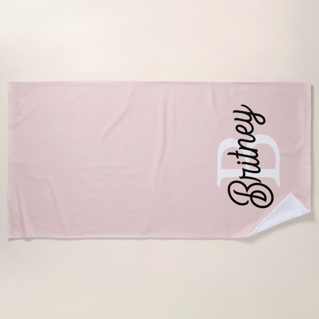Modern Personalised Monogram and Name Pastel Pink Beach Towel (Front)
