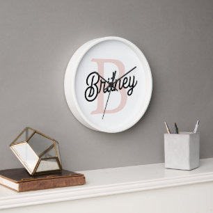 Modern Personalised Monogram and Name Pastel Pink Clock