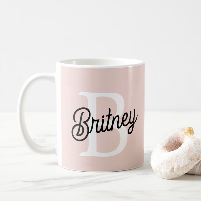 Modern Personalised Monogram and Name Pastel Pink Coffee Mug (With Donut)