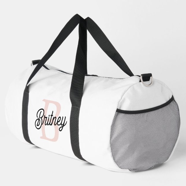 Modern Personalised Monogram and Name Pastel Pink Duffle Bag (Right Corner)