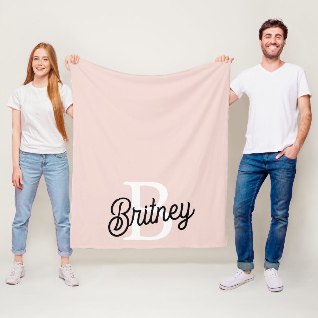 Modern Personalised Monogram and Name Pastel Pink Fleece Blanket (In Situ)