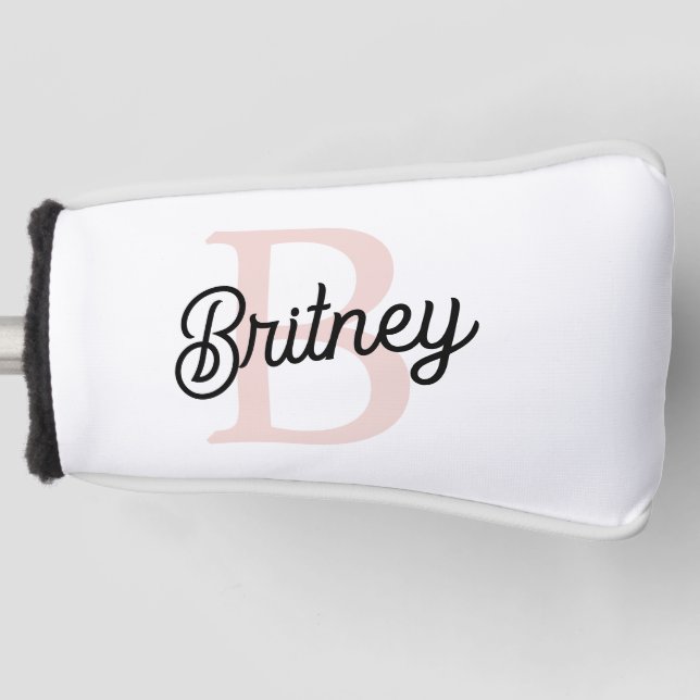 Modern Personalised Monogram and Name Pastel Pink Golf Head Cover (Front)
