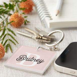 Modern Personalised Monogram and Name Pastel Pink Key Ring