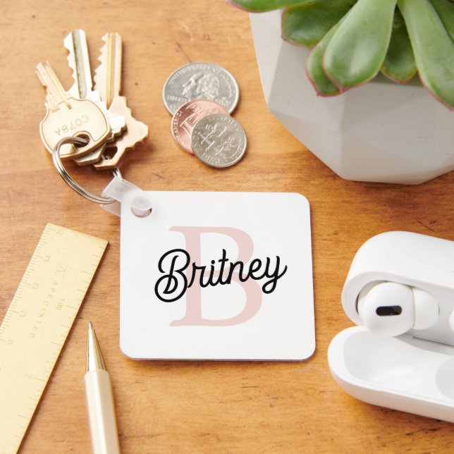 Modern Personalised Monogram and Name Pastel Pink Key Ring (Desk)