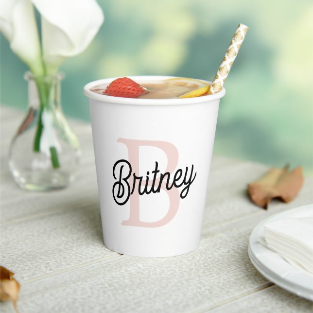 Modern Personalised Monogram and Name Pastel Pink Paper Cups (Insitu)