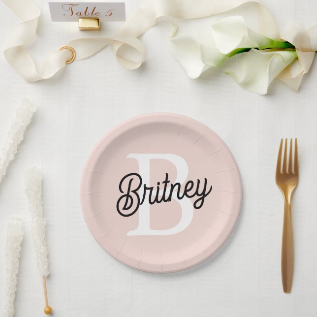 Modern Personalised Monogram and Name Pastel Pink Paper Plate (Wedding)