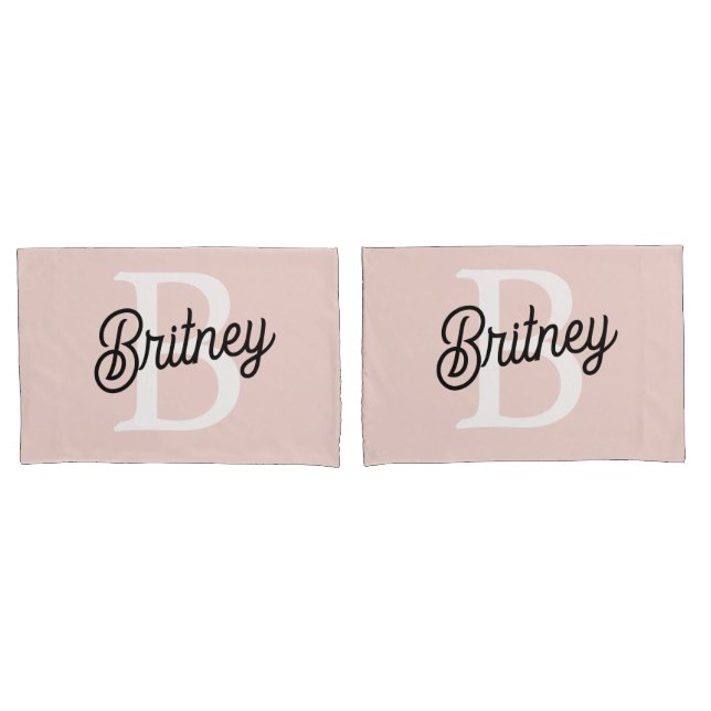 Modern Personalised Monogram and Name Pastel Pink Pillowcase (Front-Set)