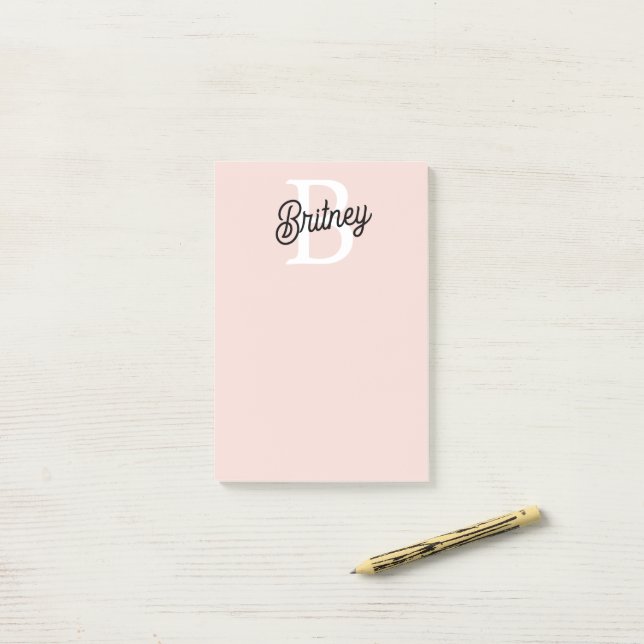 Modern Personalised Monogram and Name Pastel Pink Post-it Notes (On Desk)