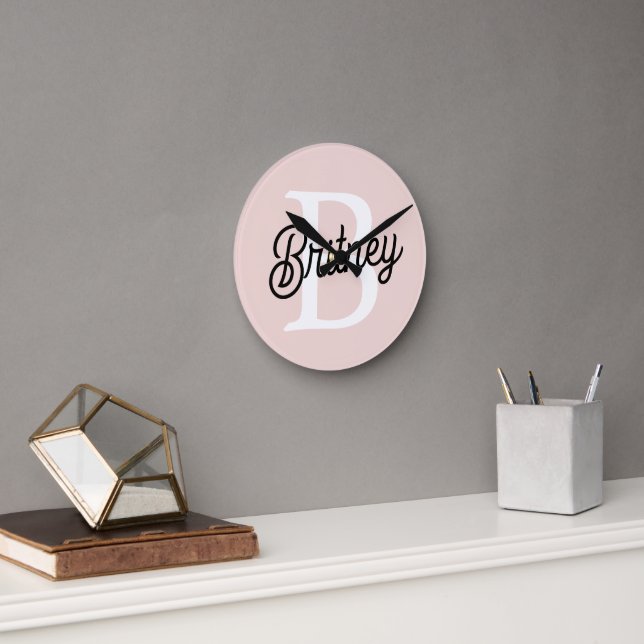 Modern Personalised Monogram and Name Pastel Pink Round Clock (Office)