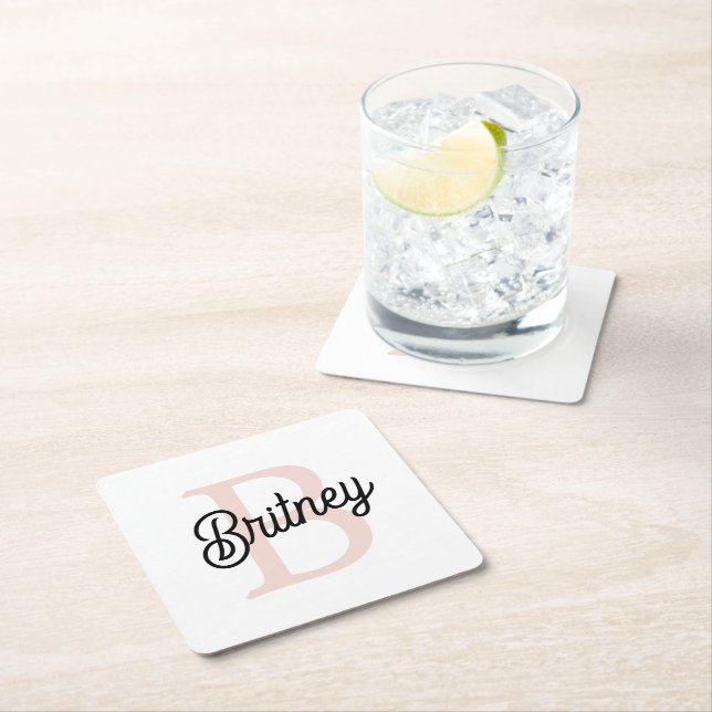Modern Personalised Monogram and Name Pastel Pink Square Paper Coaster (Insitu)