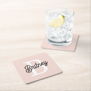 Modern Personalised Monogram and Name Pastel Pink Square Paper Coaster