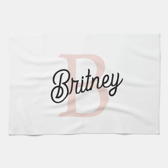 Modern Personalised Monogram and Name Pastel Pink Tea Towel (Horizontal)