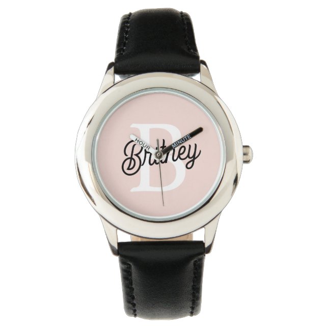 Modern Personalised Monogram and Name Pastel Pink Watch (Front)
