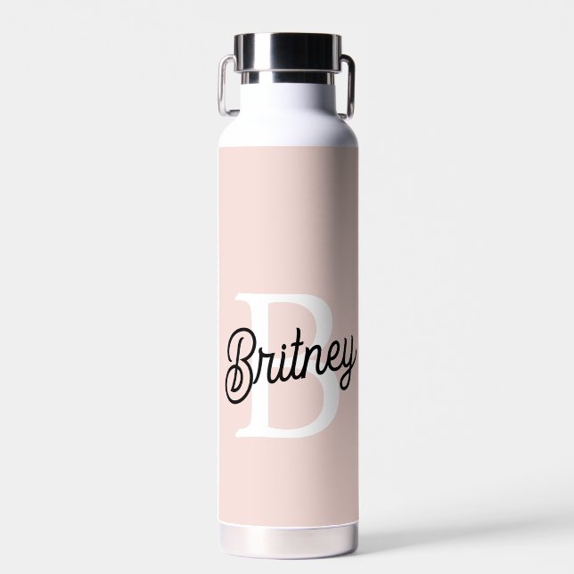 Modern Personalised Monogram and Name Pastel Pink Water Bottle (Front)