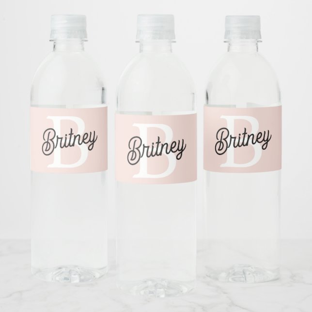 Modern Personalised Monogram and Name Pastel Pink Water Bottle Label (Bottles)