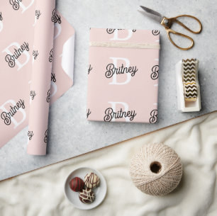 Modern Personalised Monogram and Name Pastel Pink Wrapping Paper