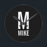 Modern Personalised Monogram and Name Round Clock<br><div class="desc">Modern Black and White Bold Monogram Design featuring personalised monogram and name in modern bold sans serif font style.

Unique gift for dad,  husband,  grandparents and more.
Also perfect as modern loft/minimalist home decor accessories,  birthday gift,  holiday gift,  family reunion gift,  housewarming gift and gift for any special occasions.</div>