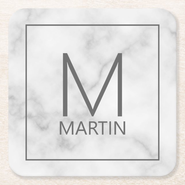 Modern Personalised Monogram and Name Square Paper Coaster (Front)