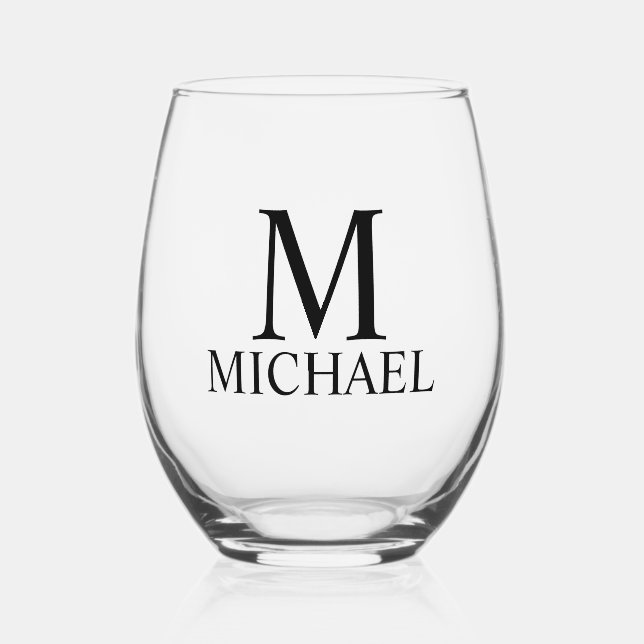 Modern Personalised Monogram and Name Stemless Wine Glass (Front)