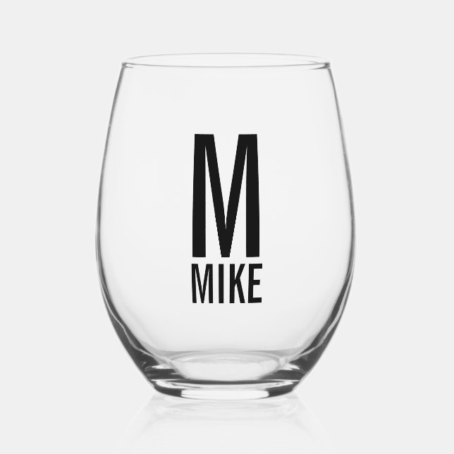 Modern Personalised Monogram and Name Stemless Wine Glass (Front)