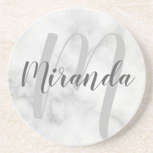Modern Personalised Monogram and Name White Marble Coaster