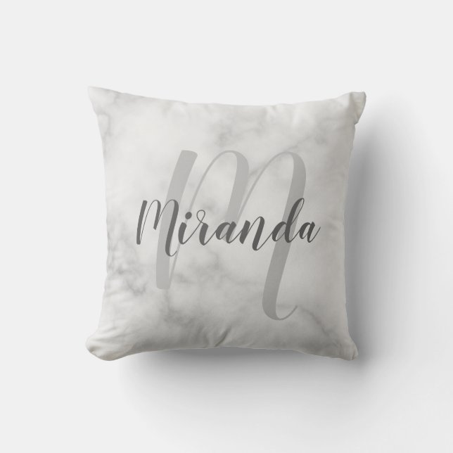 Modern Personalised Monogram and Name White Marble Cushion (Front)